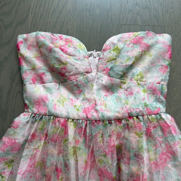 ML Monique Lhuillier Floral Organza Strapless Pink Midi Dress Sweetheart Size 8 - Picture 4 of 11